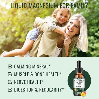Dilib Magnesium Glycinat Tropfen, flüssiges Magnesium mit Ashwagandha, L-Theanin & Kamille, 500mg pro Portion, Vegan, Mango-Geschmack, 59 ml
