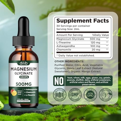 Dilib Magnesium Glycinat Tropfen, flüssiges Magnesium mit Ashwagandha, L-Theanin & Kamille, 500mg pro Portion, Vegan, Mango-Geschmack, 59 ml