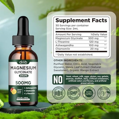 Dilib Magnesium Glycinat Tropfen, flüssiges Magnesium mit Ashwagandha, L-Theanin & Kamille, 500mg pro Portion, Vegan, Mango-Geschmack, 59 ml