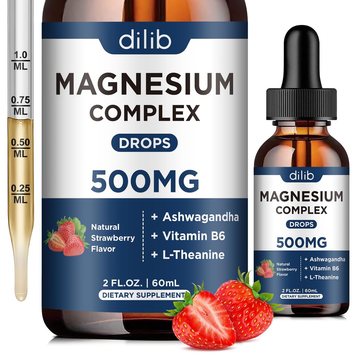 dilib Triple Magnesium Komplex – Magnesium Glycinat, Citrat, Malat flüssige Tropfen 500 mg mit Ashwagandha, L-Theanin, Vitamin B6 für Stressabbau, Schlaf, Muskeln – Erdbeergeschmack