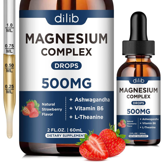 dilib Triple Magnesium Komplex – Magnesium Glycinat, Citrat, Malat flüssige Tropfen 500 mg mit Ashwagandha, L-Theanin, Vitamin B6 für Stressabbau, Schlaf, Muskeln – Erdbeergeschmack