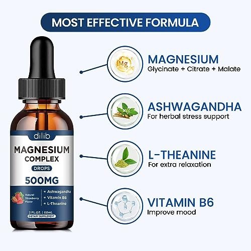 dilib Triple Magnesium Komplex – Magnesium Glycinat, Citrat, Malat flüssige Tropfen 500 mg mit Ashwagandha, L-Theanin, Vitamin B6 für Stressabbau, Schlaf, Muskeln – Erdbeergeschmack