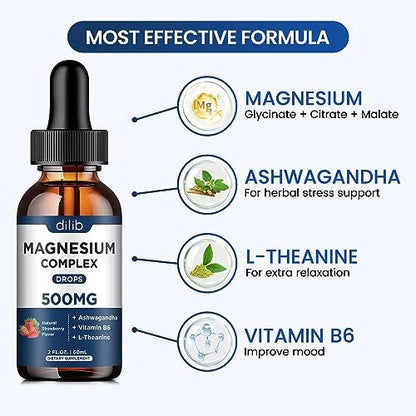 dilib Triple Magnesium Komplex – Magnesium Glycinat, Citrat, Malat flüssige Tropfen 500 mg mit Ashwagandha, L-Theanin, Vitamin B6 für Stressabbau, Schlaf, Muskeln – Erdbeergeschmack