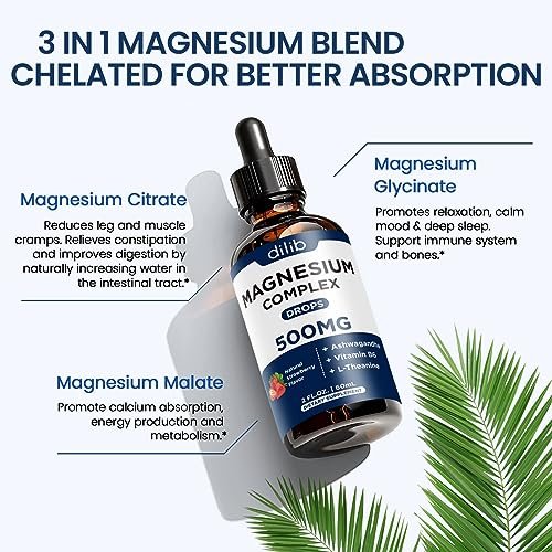 dilib Triple Magnesium Komplex – Magnesium Glycinat, Citrat, Malat flüssige Tropfen 500 mg mit Ashwagandha, L-Theanin, Vitamin B6 für Stressabbau, Schlaf, Muskeln – Erdbeergeschmack