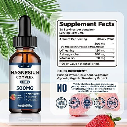 dilib Triple Magnesium Komplex – Magnesium Glycinat, Citrat, Malat flüssige Tropfen 500 mg mit Ashwagandha, L-Theanin, Vitamin B6 für Stressabbau, Schlaf, Muskeln – Erdbeergeschmack