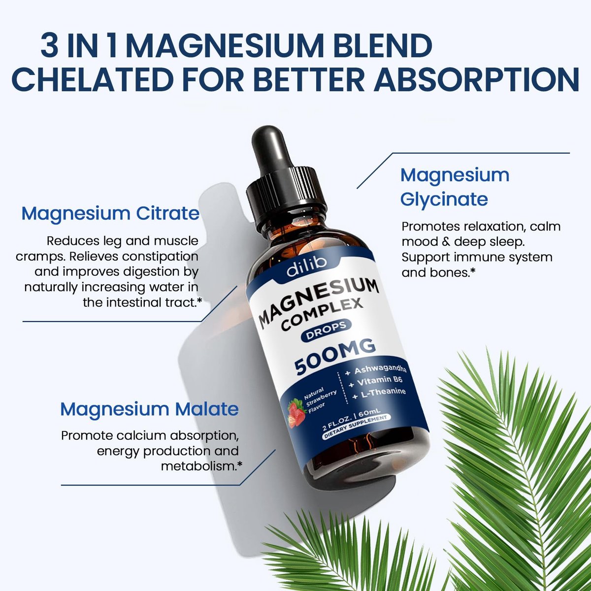 dilib Triple Magnesium Komplex – Magnesium Glycinat, Citrat, Malat flüssige Tropfen 500 mg mit Ashwagandha, L-Theanin, Vitamin B6 für Stressabbau, Schlaf, Muskeln – Erdbeergeschmack