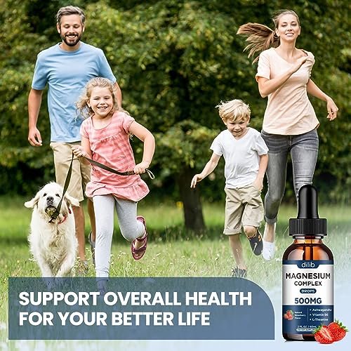 dilib Triple Magnesium Komplex – Magnesium Glycinat, Citrat, Malat flüssige Tropfen 500 mg mit Ashwagandha, L-Theanin, Vitamin B6 für Stressabbau, Schlaf, Muskeln – Erdbeergeschmack