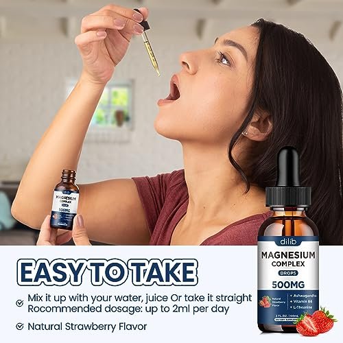 dilib Triple Magnesium Komplex – Magnesium Glycinat, Citrat, Malat flüssige Tropfen 500 mg mit Ashwagandha, L-Theanin, Vitamin B6 für Stressabbau, Schlaf, Muskeln – Erdbeergeschmack