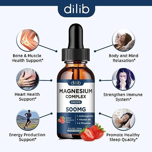 dilib Triple Magnesium Komplex – Magnesium Glycinat, Citrat, Malat flüssige Tropfen 500 mg mit Ashwagandha, L-Theanin, Vitamin B6 für Stressabbau, Schlaf, Muskeln – Erdbeergeschmack