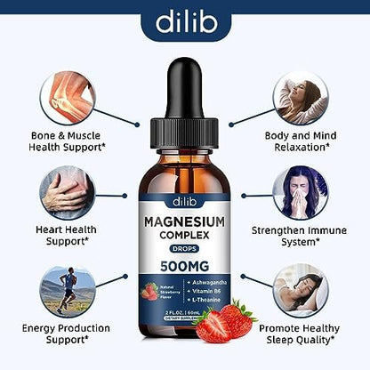dilib Triple Magnesium Komplex – Magnesium Glycinat, Citrat, Malat flüssige Tropfen 500 mg mit Ashwagandha, L-Theanin, Vitamin B6 für Stressabbau, Schlaf, Muskeln – Erdbeergeschmack