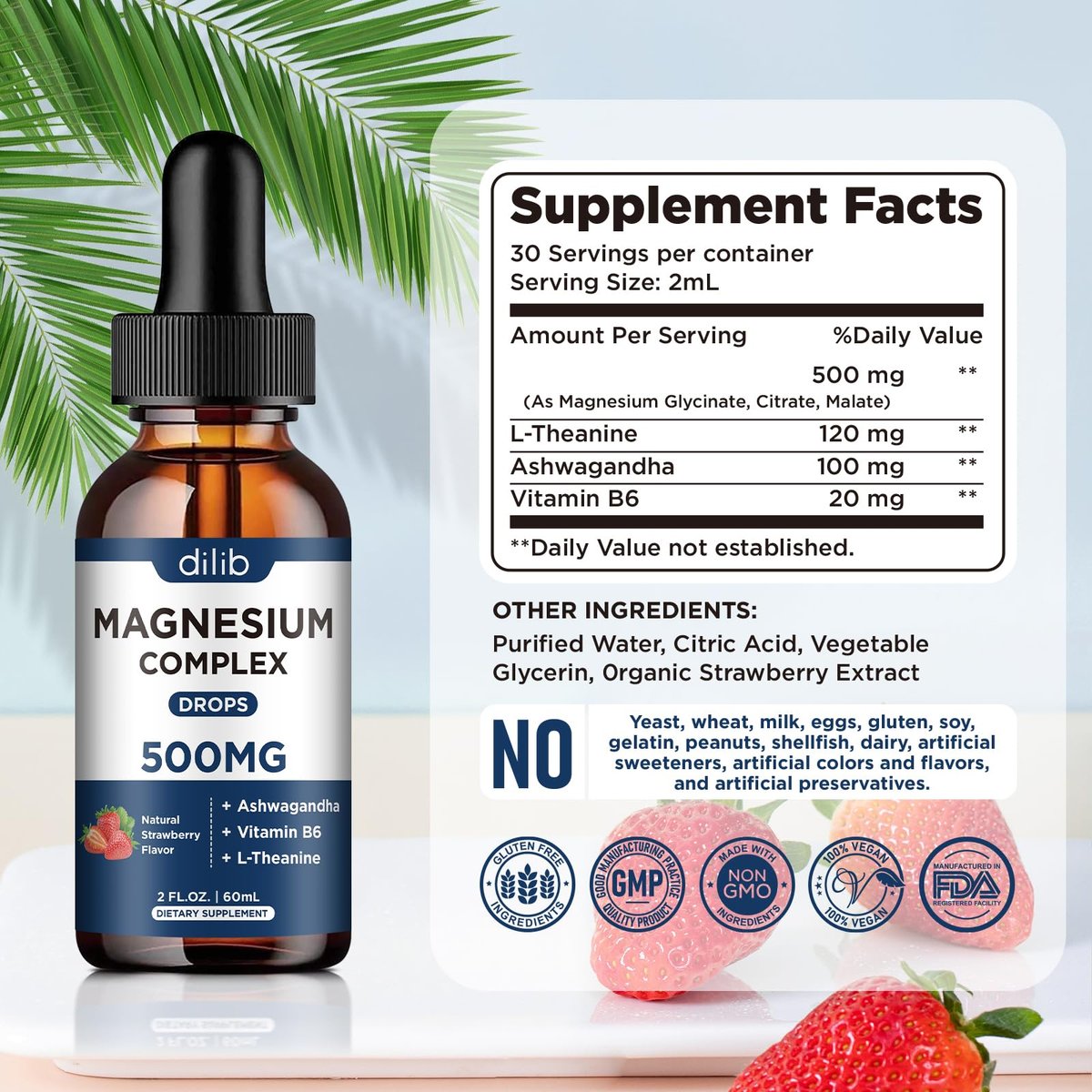 dilib Triple Magnesium Komplex – Magnesium Glycinat, Citrat, Malat flüssige Tropfen 500 mg mit Ashwagandha, L-Theanin, Vitamin B6 für Stressabbau, Schlaf, Muskeln – Erdbeergeschmack