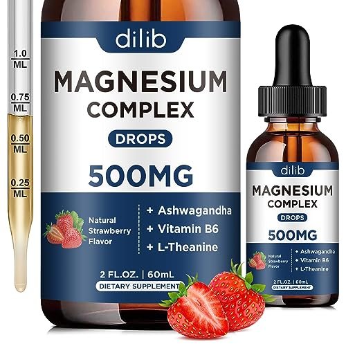 dilib Triple Magnesium Komplex – Magnesium Glycinat, Citrat, Malat flüssige Tropfen 500 mg mit Ashwagandha, L-Theanin, Vitamin B6 für Stressabbau, Schlaf, Muskeln – Erdbeergeschmack