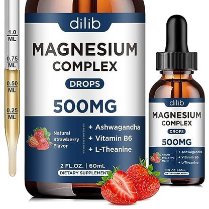 dilib Triple Magnesium Komplex – Magnesium Glycinat, Citrat, Malat flüssige Tropfen 500 mg mit Ashwagandha, L-Theanin, Vitamin B6 für Stressabbau, Schlaf, Muskeln – Erdbeergeschmack