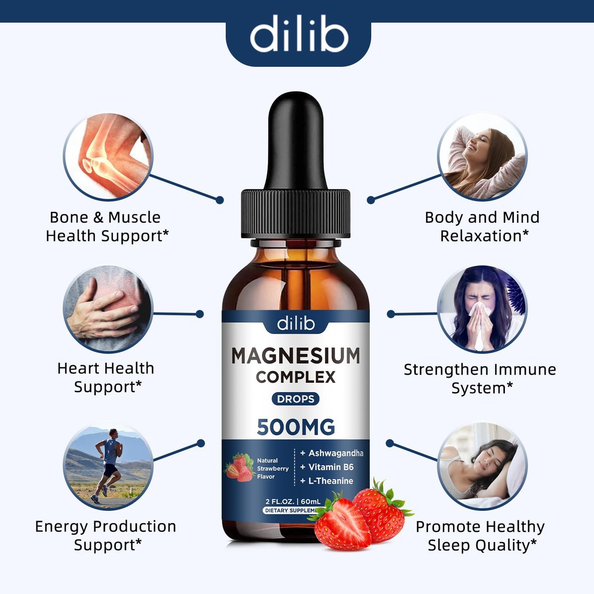 dilib Triple Magnesium Komplex – Magnesium Glycinat, Citrat, Malat flüssige Tropfen 500 mg mit Ashwagandha, L-Theanin, Vitamin B6 für Stressabbau, Schlaf, Muskeln – Erdbeergeschmack