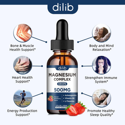 dilib Triple Magnesium Komplex – Magnesium Glycinat, Citrat, Malat flüssige Tropfen 500 mg mit Ashwagandha, L-Theanin, Vitamin B6 für Stressabbau, Schlaf, Muskeln – Erdbeergeschmack