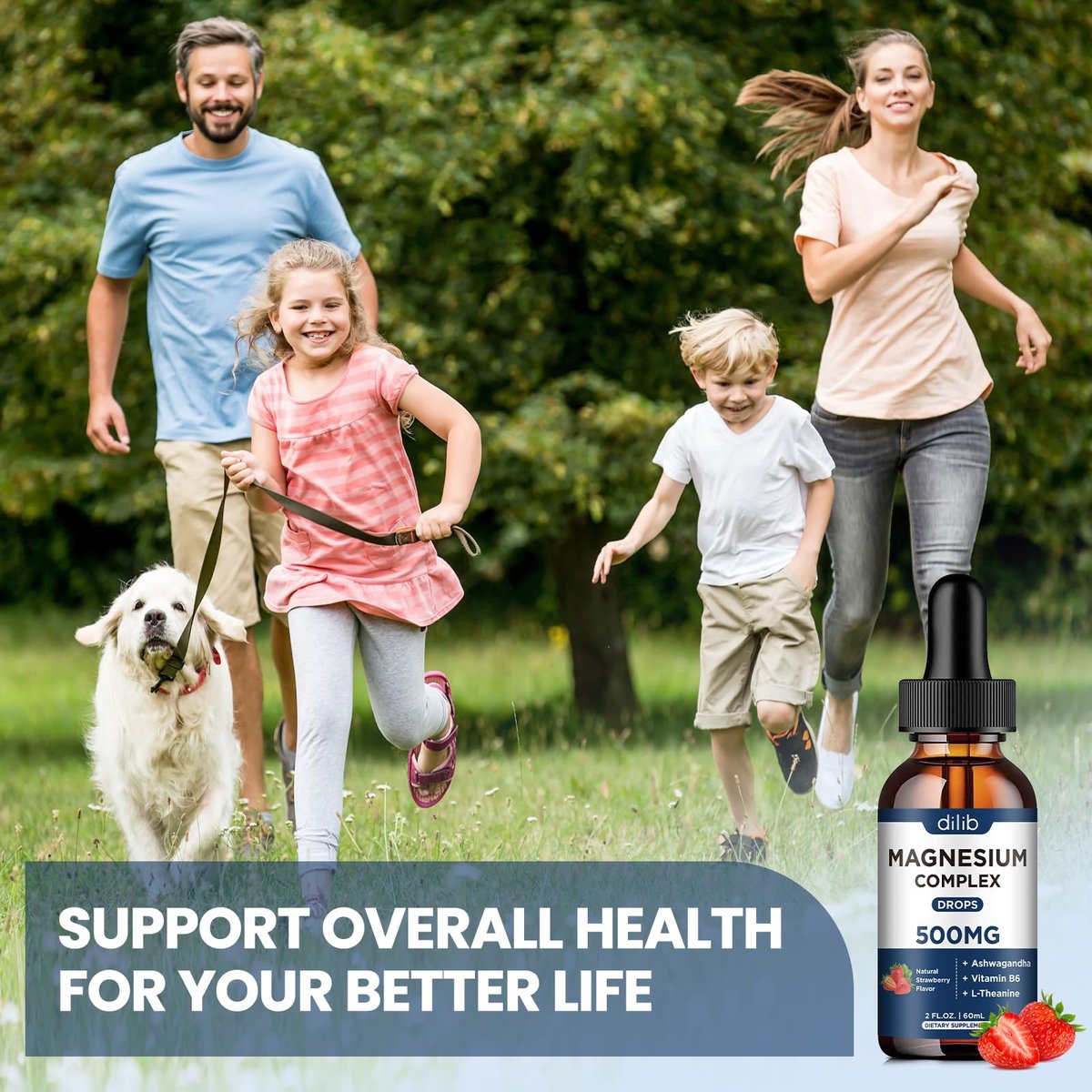 dilib Triple Magnesium Komplex – Magnesium Glycinat, Citrat, Malat flüssige Tropfen 500 mg mit Ashwagandha, L-Theanin, Vitamin B6 für Stressabbau, Schlaf, Muskeln – Erdbeergeschmack