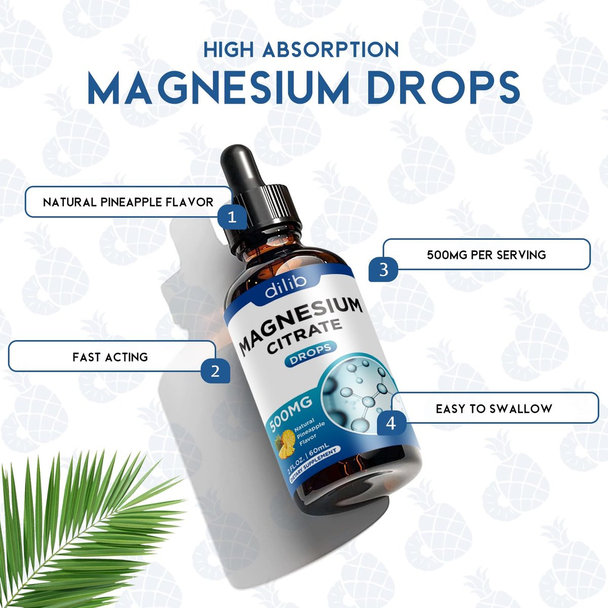 Dilib Magnesium Citrat Liquid Tropfen 500mg – Unterstützt Stressabbau, Knochen, Muskeln, Stimmung, Schlaf – 60 ml, Vegan, Ananasgeschmack