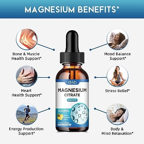 Dilib Magnesium Citrat Liquid Tropfen 500mg – Unterstützt Stressabbau, Knochen, Muskeln, Stimmung, Schlaf – 60 ml, Vegan, Ananasgeschmack