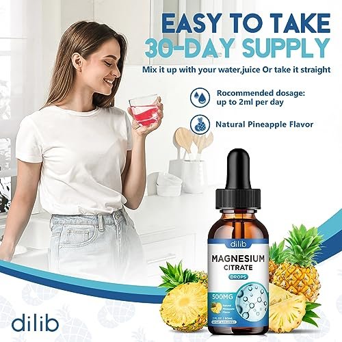 Dilib Magnesium Citrat Liquid Tropfen 500mg – Unterstützt Stressabbau, Knochen, Muskeln, Stimmung, Schlaf – 60 ml, Vegan, Ananasgeschmack