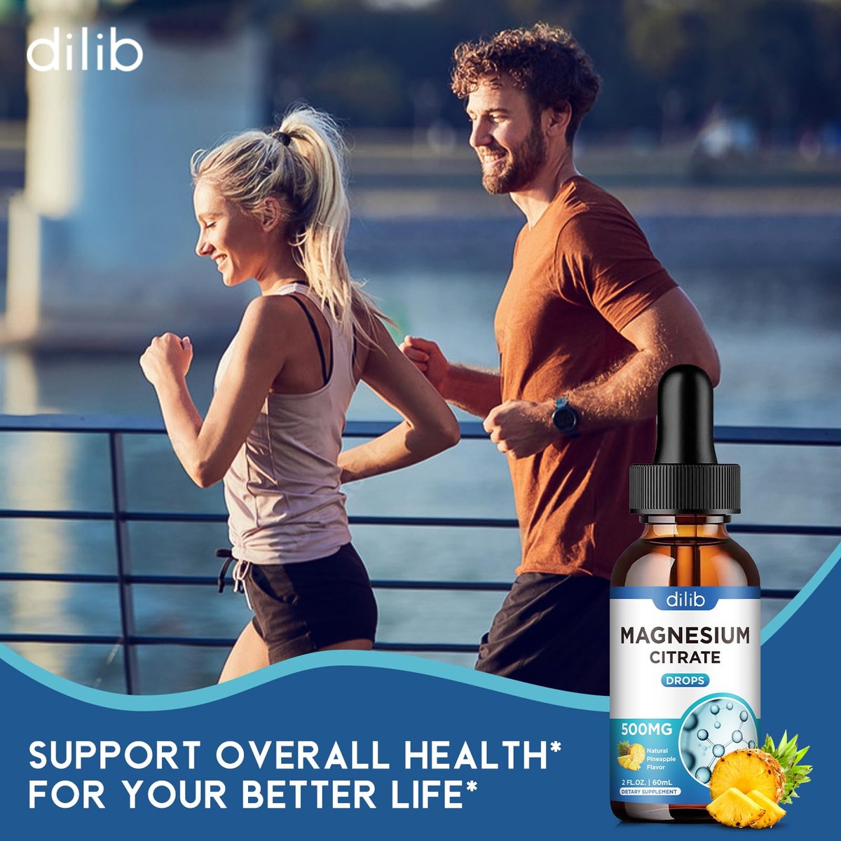 Dilib Magnesium Citrat Liquid Tropfen 500mg – Unterstützt Stressabbau, Knochen, Muskeln, Stimmung, Schlaf – 60 ml, Vegan, Ananasgeschmack