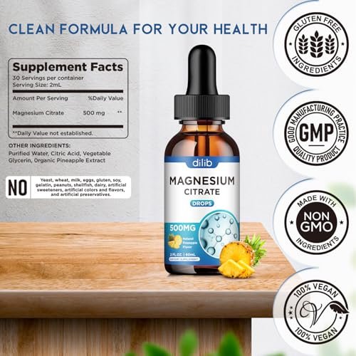 Dilib Magnesium Citrat Liquid Tropfen 500mg – Unterstützt Stressabbau, Knochen, Muskeln, Stimmung, Schlaf – 60 ml, Vegan, Ananasgeschmack