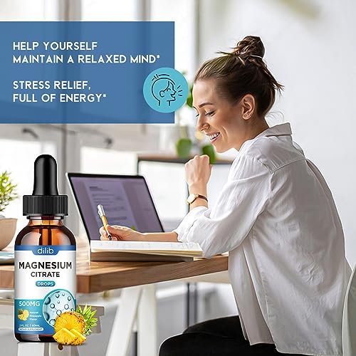 Dilib Magnesium Citrat Liquid Tropfen 500mg – Unterstützt Stressabbau, Knochen, Muskeln, Stimmung, Schlaf – 60 ml, Vegan, Ananasgeschmack