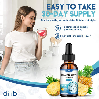 Dilib Magnesium Citrat Liquid Tropfen 500mg – Unterstützt Stressabbau, Knochen, Muskeln, Stimmung, Schlaf – 60 ml, Vegan, Ananasgeschmack
