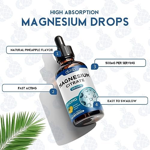 Dilib Magnesium Citrat Liquid Tropfen 500mg – Unterstützt Stressabbau, Knochen, Muskeln, Stimmung, Schlaf – 60 ml, Vegan, Ananasgeschmack