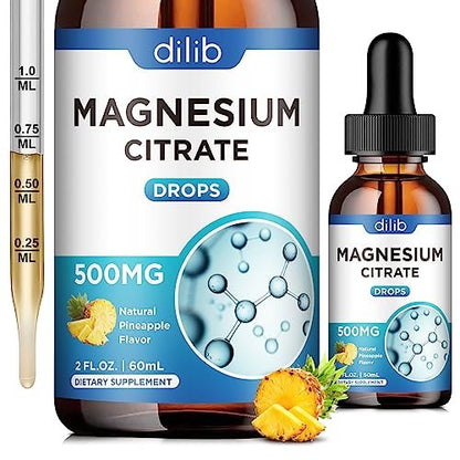 Dilib Magnesium Citrat Liquid Tropfen 500mg – Unterstützt Stressabbau, Knochen, Muskeln, Stimmung, Schlaf – 60 ml, Vegan, Ananasgeschmack