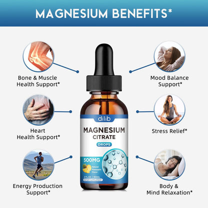 Dilib Magnesium Citrat Liquid Tropfen 500mg – Unterstützt Stressabbau, Knochen, Muskeln, Stimmung, Schlaf – 60 ml, Vegan, Ananasgeschmack