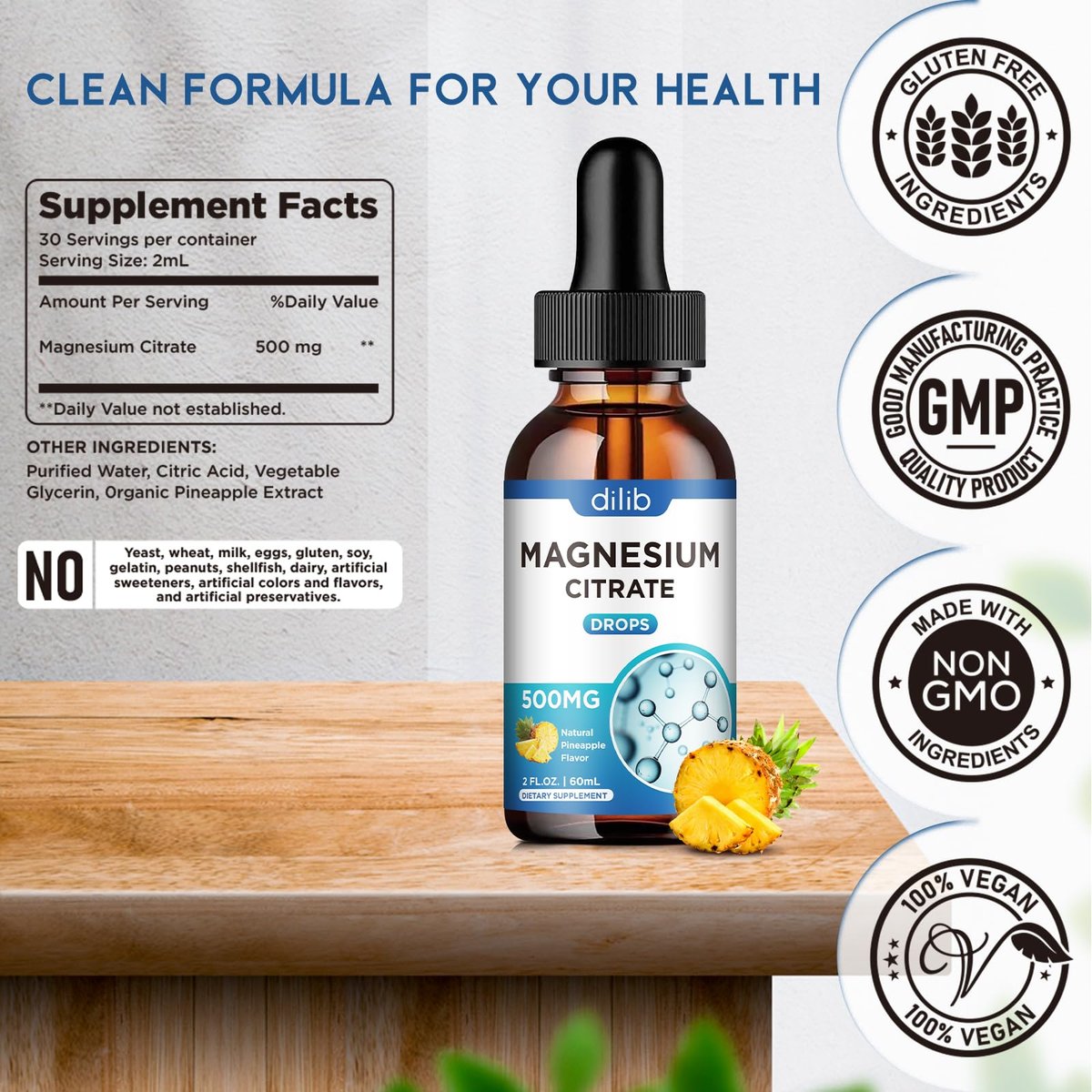 Dilib Magnesium Citrat Liquid Tropfen 500mg – Unterstützt Stressabbau, Knochen, Muskeln, Stimmung, Schlaf – 60 ml, Vegan, Ananasgeschmack