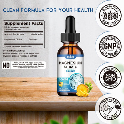 Dilib Magnesium Citrat Liquid Tropfen 500mg – Unterstützt Stressabbau, Knochen, Muskeln, Stimmung, Schlaf – 60 ml, Vegan, Ananasgeschmack