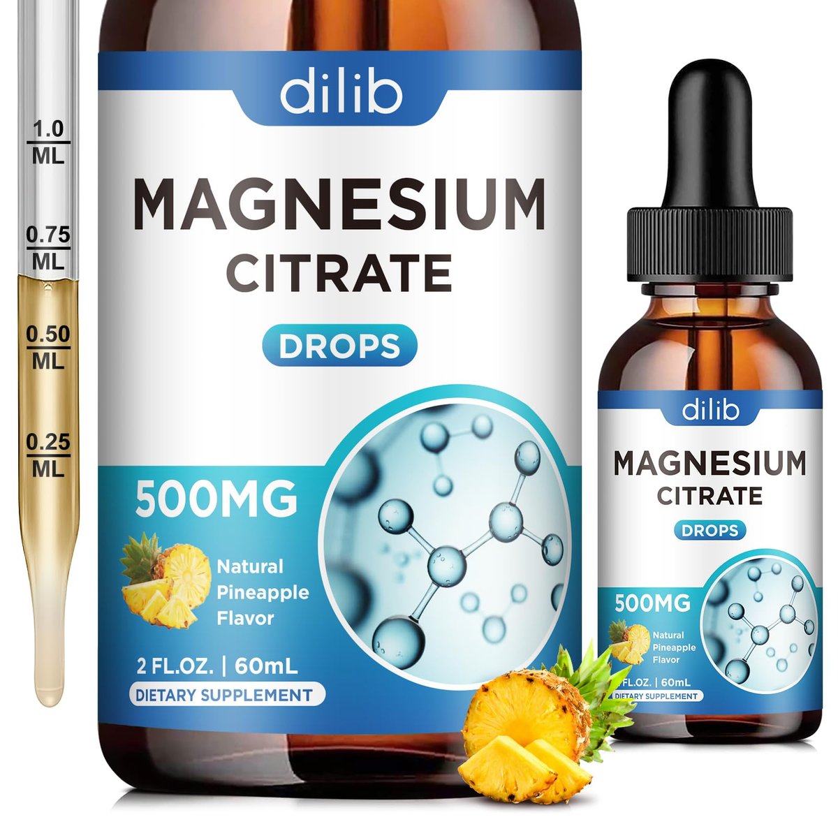 Dilib Magnesium Citrat Liquid Tropfen 500mg – Unterstützt Stressabbau, Knochen, Muskeln, Stimmung, Schlaf – 60 ml, Vegan, Ananasgeschmack