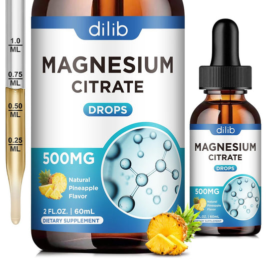 Dilib Magnesium Citrat Liquid Tropfen 500mg – Unterstützt Stressabbau, Knochen, Muskeln, Stimmung, Schlaf – 60 ml, Vegan, Ananasgeschmack