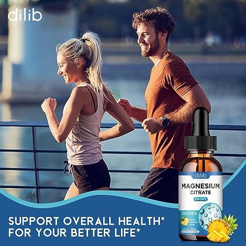 Dilib Magnesium Citrat Liquid Tropfen 500mg – Unterstützt Stressabbau, Knochen, Muskeln, Stimmung, Schlaf – 60 ml, Vegan, Ananasgeschmack