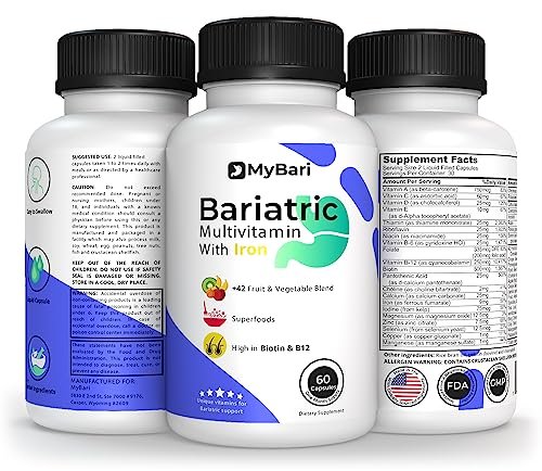 MyBari All-in-One Bariatrisches Multivitamin mit Eisen – Hergestellt in den USA – für Männer & Frauen – Unterstützt Magenverkleinerung & Bypass mit 42+ Obst- & Gemüsemischung – 60 flüssige Kapseln