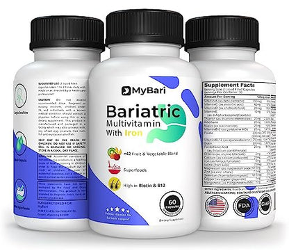 MyBari All-in-One Bariatrisches Multivitamin mit Eisen – Hergestellt in den USA – für Männer & Frauen – Unterstützt Magenverkleinerung & Bypass mit 42+ Obst- & Gemüsemischung – 60 flüssige Kapseln