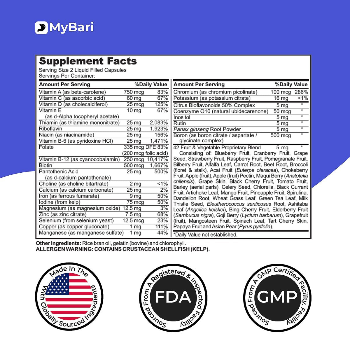 MyBari All-in-One Bariatrisches Multivitamin mit Eisen – Hergestellt in den USA – für Männer & Frauen – Unterstützt Magenverkleinerung & Bypass mit 42+ Obst- & Gemüsemischung – 60 flüssige Kapseln