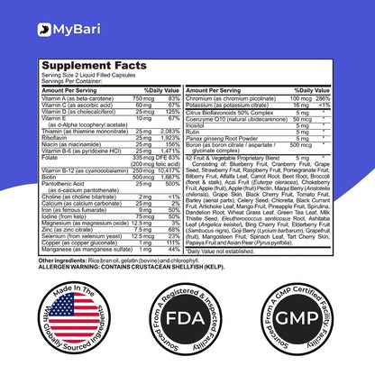 MyBari All-in-One Bariatrisches Multivitamin mit Eisen – Hergestellt in den USA – für Männer & Frauen – Unterstützt Magenverkleinerung & Bypass mit 42+ Obst- & Gemüsemischung – 60 flüssige Kapseln