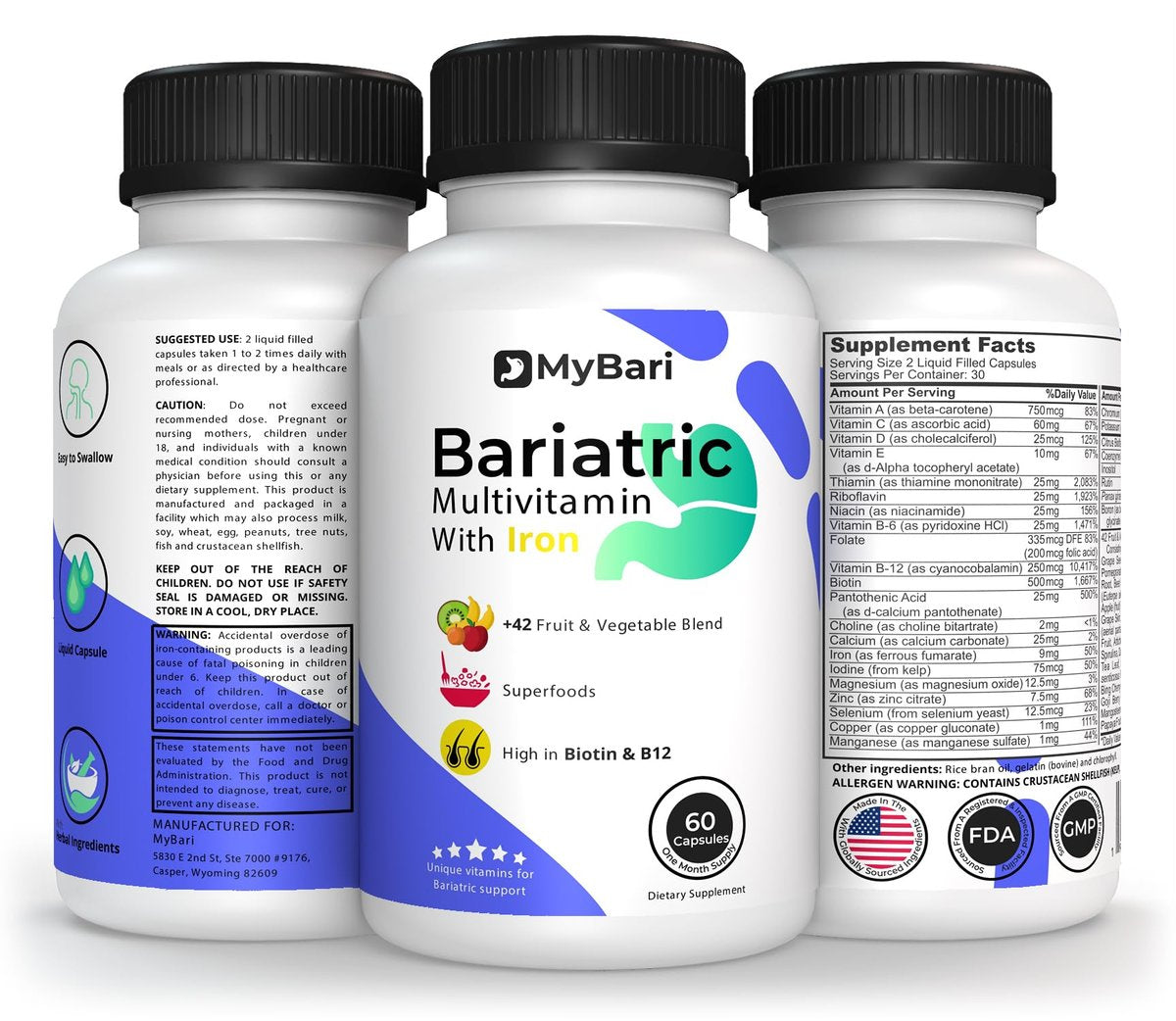 MyBari All-in-One Bariatrisches Multivitamin mit Eisen – Hergestellt in den USA – für Männer & Frauen – Unterstützt Magenverkleinerung & Bypass mit 42+ Obst- & Gemüsemischung – 60 flüssige Kapseln
