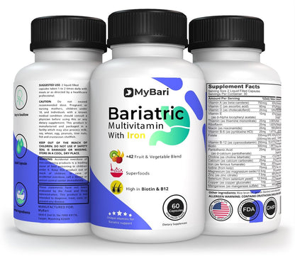 MyBari All-in-One Bariatrisches Multivitamin mit Eisen – Hergestellt in den USA – für Männer & Frauen – Unterstützt Magenverkleinerung & Bypass mit 42+ Obst- & Gemüsemischung – 60 flüssige Kapseln