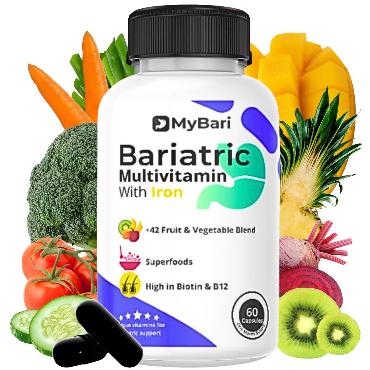 MyBari All-in-One Bariatrisches Multivitamin mit Eisen – Hergestellt in den USA – für Männer & Frauen – Unterstützt Magenverkleinerung & Bypass mit 42+ Obst- & Gemüsemischung – 60 flüssige Kapseln