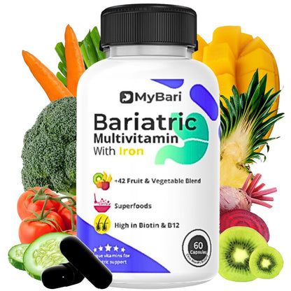 MyBari All-in-One Bariatrisches Multivitamin mit Eisen – Hergestellt in den USA – für Männer & Frauen – Unterstützt Magenverkleinerung & Bypass mit 42+ Obst- & Gemüsemischung – 60 flüssige Kapseln