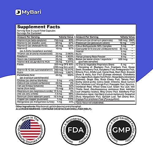 MyBari All-in-One Bariatrisches Multivitamin mit Eisen – Hergestellt in den USA – für Männer & Frauen – Unterstützt Magenverkleinerung & Bypass mit 42+ Obst- & Gemüsemischung – 60 flüssige Kapseln