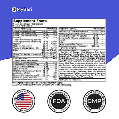 MyBari All-in-One Bariatrisches Multivitamin mit Eisen – Hergestellt in den USA – für Männer & Frauen – Unterstützt Magenverkleinerung & Bypass mit 42+ Obst- & Gemüsemischung – 60 flüssige Kapseln