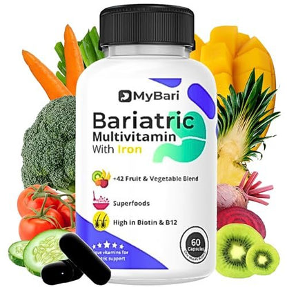 MyBari All-in-One Bariatrisches Multivitamin mit Eisen – Hergestellt in den USA – für Männer & Frauen – Unterstützt Magenverkleinerung & Bypass mit 42+ Obst- & Gemüsemischung – 60 flüssige Kapseln