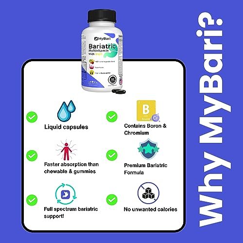 MyBari All-in-One Bariatrisches Multivitamin mit Eisen – Hergestellt in den USA – für Männer & Frauen – Unterstützt Magenverkleinerung & Bypass mit 42+ Obst- & Gemüsemischung – 60 flüssige Kapseln