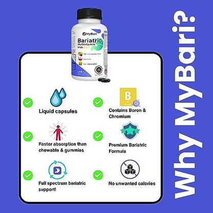 MyBari All-in-One Bariatrisches Multivitamin mit Eisen – Hergestellt in den USA – für Männer & Frauen – Unterstützt Magenverkleinerung & Bypass mit 42+ Obst- & Gemüsemischung – 60 flüssige Kapseln