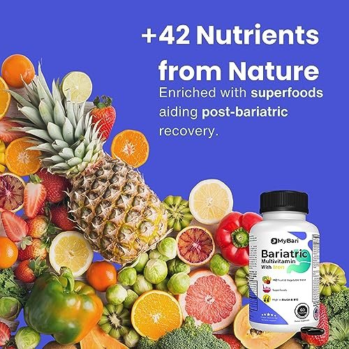 MyBari All-in-One Bariatrisches Multivitamin mit Eisen – Hergestellt in den USA – für Männer & Frauen – Unterstützt Magenverkleinerung & Bypass mit 42+ Obst- & Gemüsemischung – 60 flüssige Kapseln
