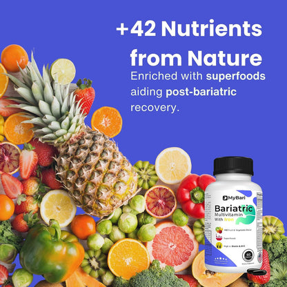 MyBari All-in-One Bariatrisches Multivitamin mit Eisen – Hergestellt in den USA – für Männer & Frauen – Unterstützt Magenverkleinerung & Bypass mit 42+ Obst- & Gemüsemischung – 60 flüssige Kapseln